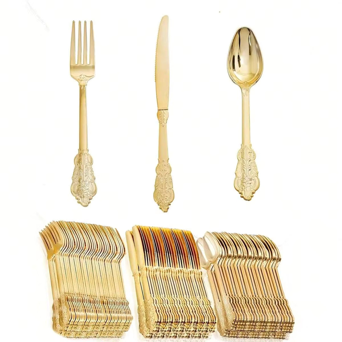 120pcs Vintage Plastic Silverware Set, High-Quality Disposable Heavy-Duty Cutlery Set With Retro Pattern, Suitable For Large Events, Parties, Weddings, Birthdays, Galas, New Year