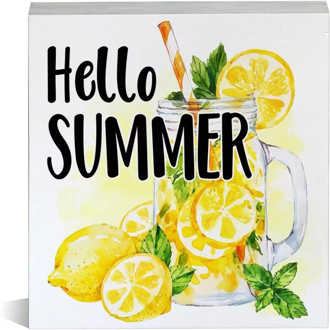 1pc 5*5inch(12.4*12.4cm) Farmhouse Summer Theme Wooden Box Sign Lemonade Lemons Wood Block Tabletop Sign Decorative Summer Desk Sign Home Kitchen Shelf Decor