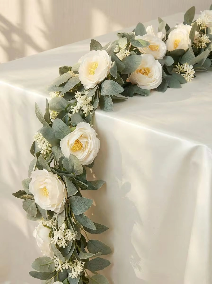 Cirelle 1pc Artificial Eucalyptus Flower Garland With Fake Rose Flower Vine Seeded Eucalyptus Leaves Greenery Garland For Wedding Table Runner Backdrop Party Centerpiece Room Decor