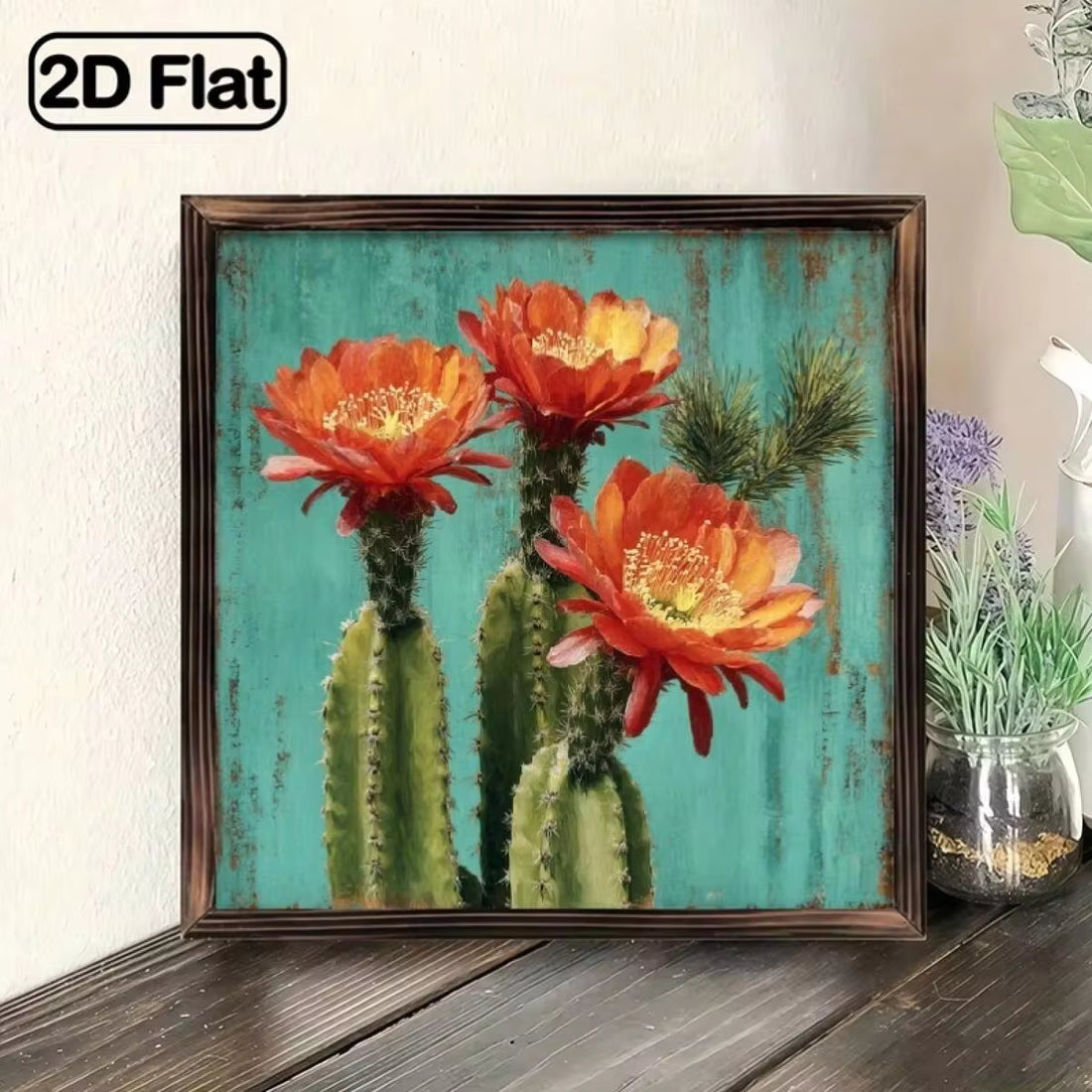 1pc Rustic Wooden Hanging Panel 8x 8inch - Vibrant Cactus Flower Art Wall Decor With Turquoise - Green Cactus And Orange Flowers, Natural Wood Frame, Multi-Purpose, Suitable For Bathroom, Garden, Cafe, Bar, Office, Holiday